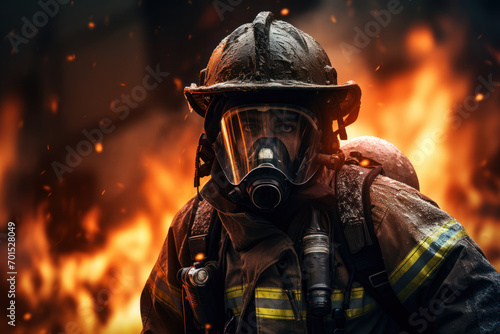 A firefighter in full gear bravely entering a burning building, emphasizing the courage and selflessness required in the face of danger. Concept of firefighting heroism. Generative Ai.