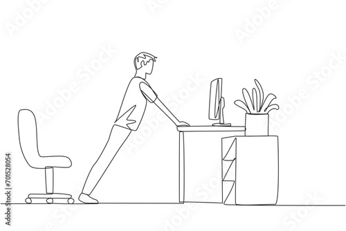 Continuous one line drawing man do push up movements by holding edge of work table. Stretch to get sweat on. Eyes focused on LCD monitor screen. Thinking. Single line draw design vector illustration