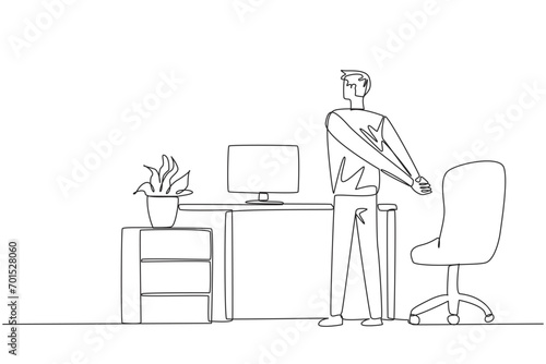 Single continuous line drawing man stands with his hands behind his back. A simple stretch before working overtime on the weekend. Lots of deadlines. Relaxes mind. One line design vector illustration