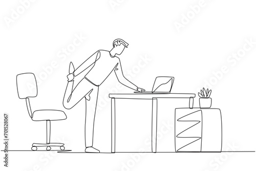 Single one line drawing man standing with one leg raised and his hand typing on a laptop. Make a presentation during an online meeting while stretching. Continuous line design graphic illustration