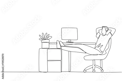 Continuous one line drawing man sits in work chair with his hands behind head and his legs raised on work desk. Work overtime on weekends. Short break. Single line draw design vector illustration