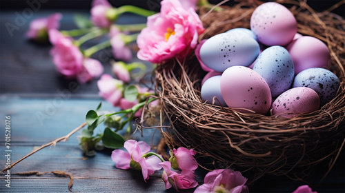 Easter card. Easter pink and blue eggs in a nest and fresh flowers on a wooden background.copy space