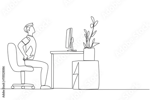 Continuous one line drawing man sitting in a work chair with hands holding his waist. Stretch body and mind. Work overtime on weekends. Relax for a moment. Single line draw design vector illustration