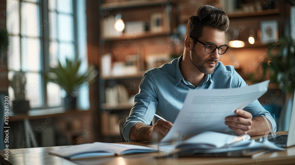 Focused man reviewing documents in a cozy office setting Focused man reviewing documents in a cozy office setting