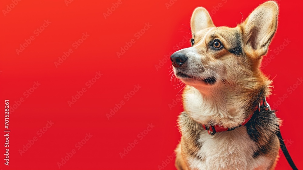 Corgi dog with attentive expression on red background