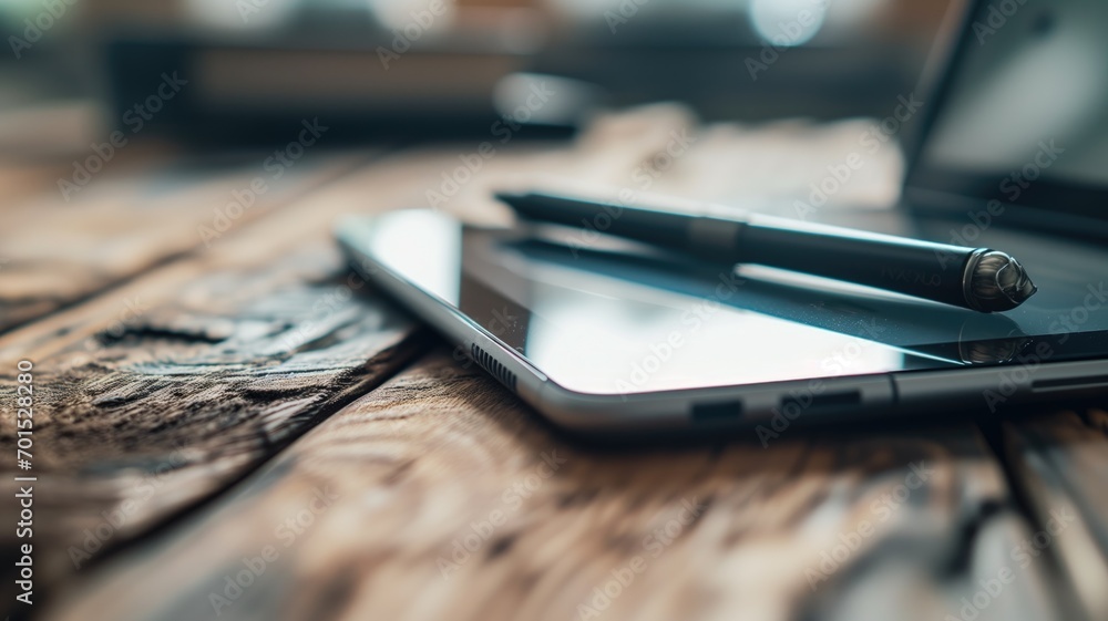 Fototapeta premium Graphic tablet and stylus on a wooden desk