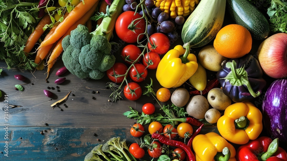 Assortment of fresh colorful vegetables on wood