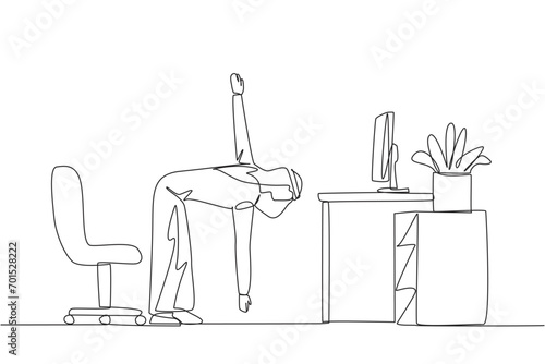 Single continuous line drawing Arab man stands with one hand raised the other hand holding tip of leg. Stretching. Take advantage of free time for light exercise. One line design vector illustration