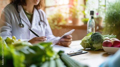 Nutritionist with fresh vegetables and clipboard on a bright table photo