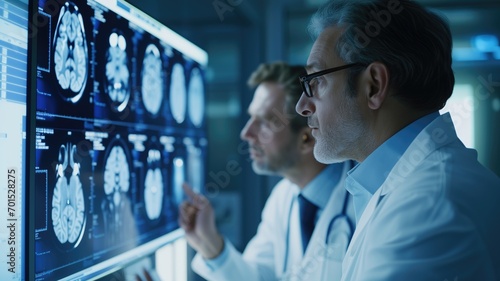 Two doctors analyzing brain scans photo