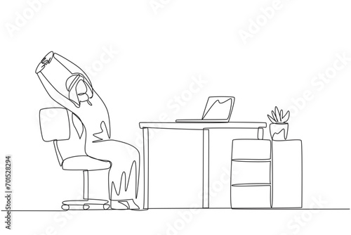Single one line drawing Arabian man sitting in work chair while raising both hands. Stretching. Working too long in front of the laptop. Overtime. Hectic. Continuous line design graphic illustration