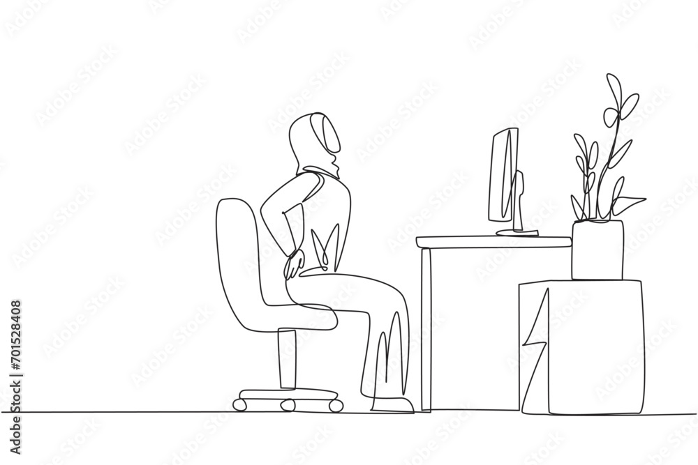 Single continuous line drawing Arab woman sitting in work chair with hands holding waist. Stretching. Too focused and rarely drinking, makes feels stiff. Hectic. One line design vector illustration