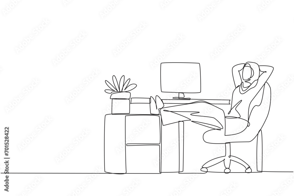 Continuous one line drawing Arab woman sits in work chair with her ...