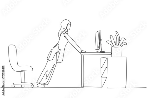 Single one line drawing Arabian woman do push up movements by holding edge of work table. Exercise for while to get rid of drowsiness. Overtime on weekend. Continuous line design graphic illustration
