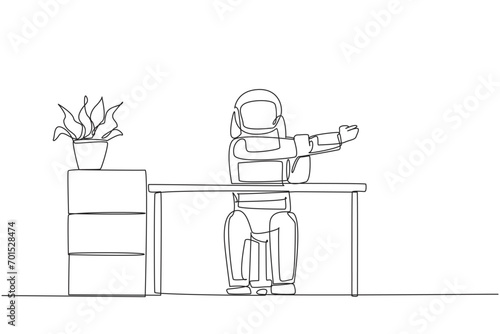 Continuous one line drawing astronaut sitting in a work chair with his arms crossed. Warm up seriously before continuing busy work. Cosmonaut outer space. Single line draw design vector illustration