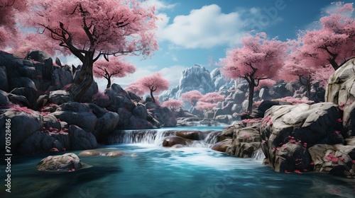 illustration of a waterfall surrounded by cherry trees in a natural atmosphere © Somad