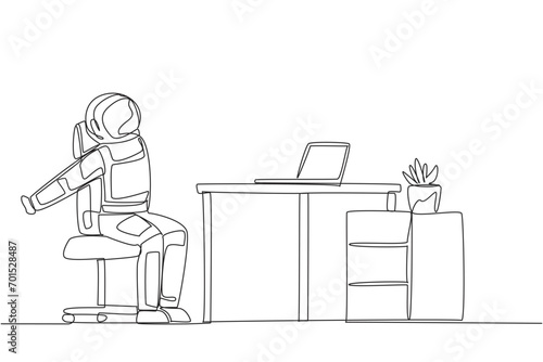 Single continuous line drawing astronaut sitting in work chair stretching arms behind back. Relax. Stretch arms because hand muscles are starting to feel stiff. One line design vector illustration