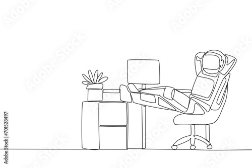 Continuous one line drawing astronaut sits in work chair with his hands behind head and his legs raised on work desk. Relaxing. Take a break from routine. Single line draw design vector illustration