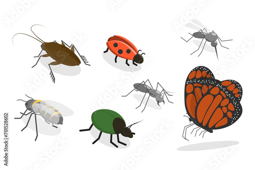 3D Isometric Flat  Set of Insects, Bug, Mosquito, Fly, Cockroach, Butterfly © TarikVision