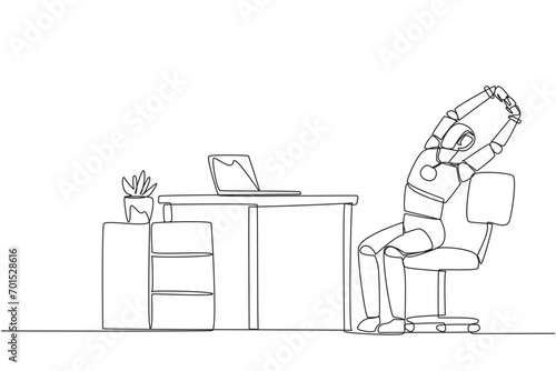 Single one line drawing robot sitting in work chair while raising both hands. Stretching. Make time for light exercise even if busy. Future technology AI. Continuous line design graphic illustration