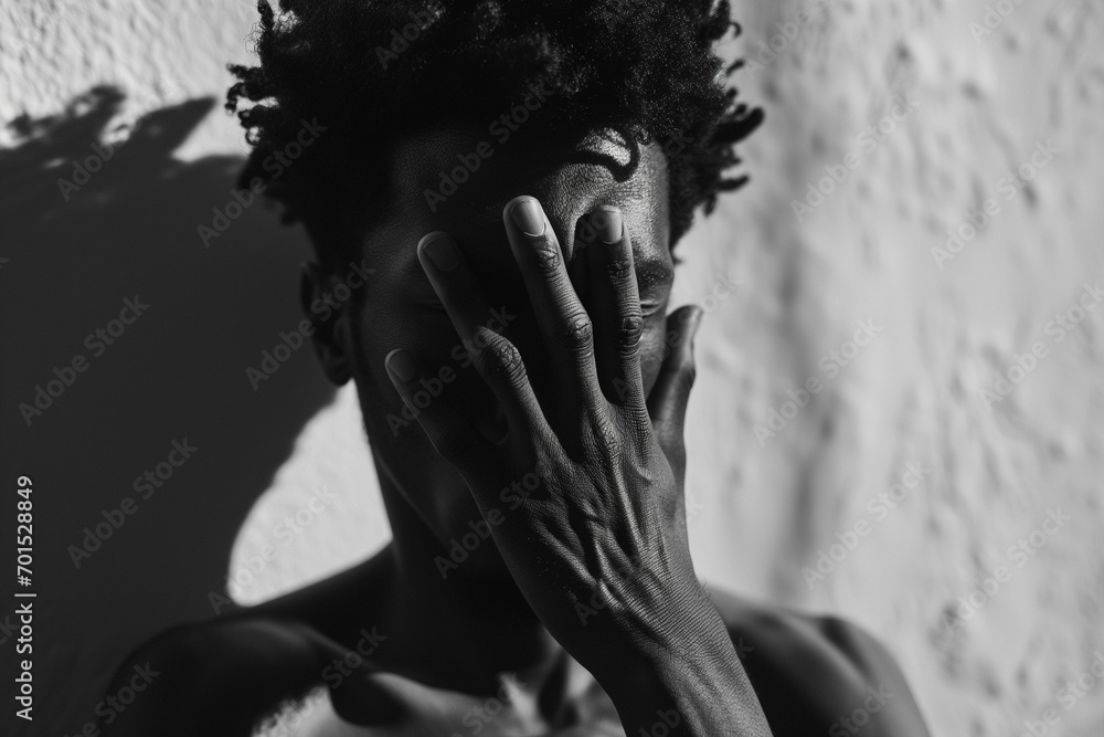 Monochrome black and white close-up portrait of a man with his hand ...