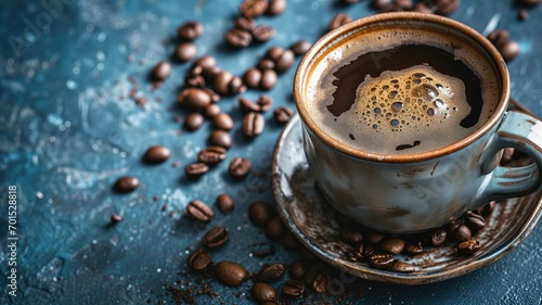 Cup of coffee with beans on a blue textured background  exuding aroma and warmth