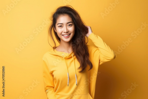  Motivated asian sporty woman shows her dressed in sportswear isolated on yellow background copy space  © Eva Corbella