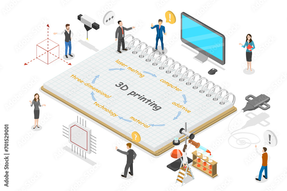 3D Isometric Flat Illustration of 3D Printing, Process of Creation of Three-dimentional Object 3D Isometric Flat Illustration of 3D Printing, Process of Creation of Three-dimentional Object