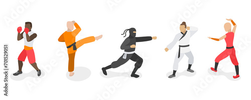3D Isometric Flat  Set of Martial Art Characters, Practicing Fighters photo