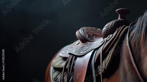 Elegant leather saddle on a horse with fine tooling detail