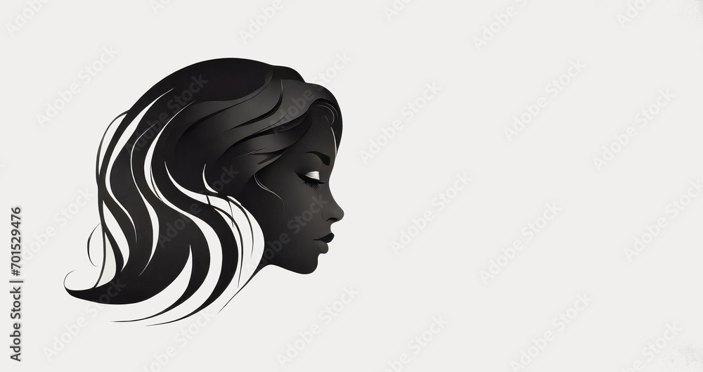 Lonely Silhouette of young girl with black hair against grey background