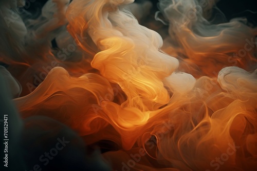 An immersive scene featuring intense flames intertwining with thick smoke, a mesmerizing interplay of fiery oranges and swirling grays.