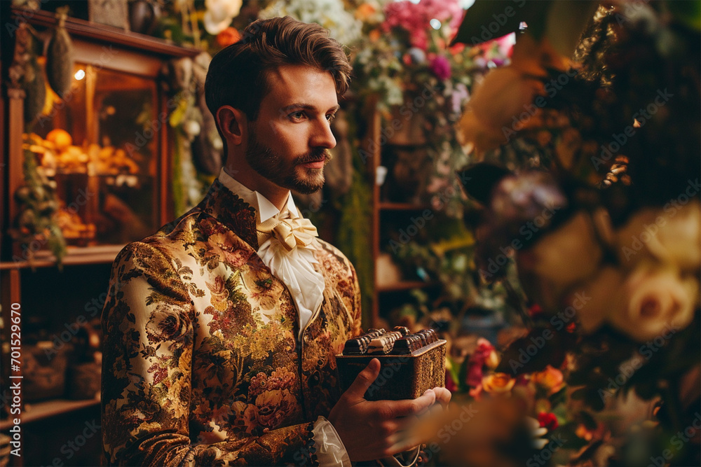 stylish bearded young man in an extravagant bright suit and bow tie holds a box of chocolates in a flower shop,