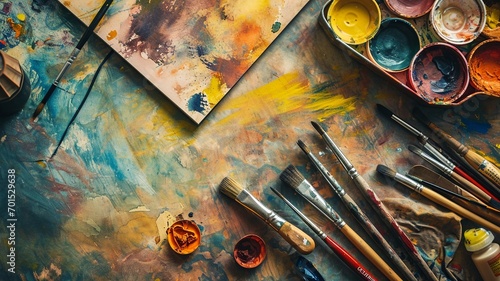  Artistic Inspiration: Top View of Paintbrushes, Watercolors, and Sketchbook