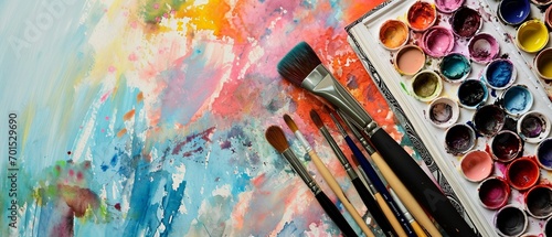  Artistic Inspiration: Top View of Paintbrushes, Watercolors, and Sketchbook