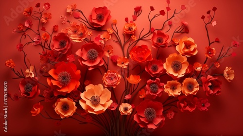 An intricate 3D arrangement of poppies and snapdragons in vibrant reds and oranges blossoming on a fiery red background, with a striking tree. photo