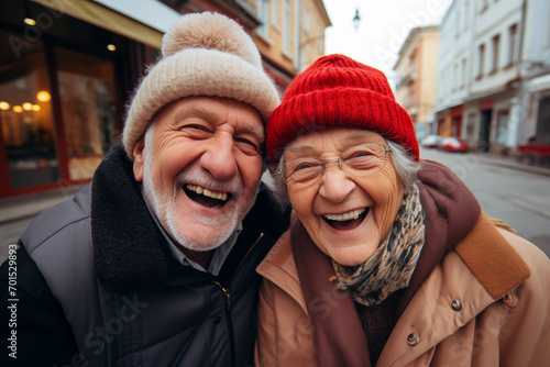 Elderly couple laughing and taking selfie, Generative AI © Viktoriia
