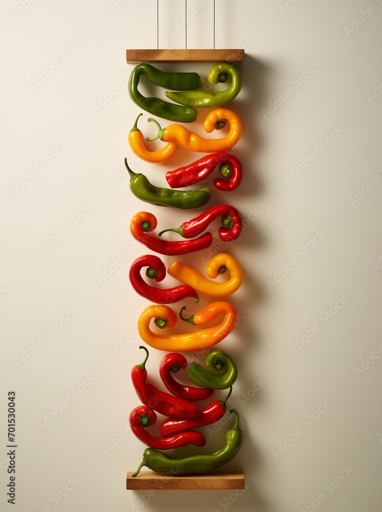 background with colorful peppers.Minimal creativwe food concept.Flat lay,top view,Generative Ai