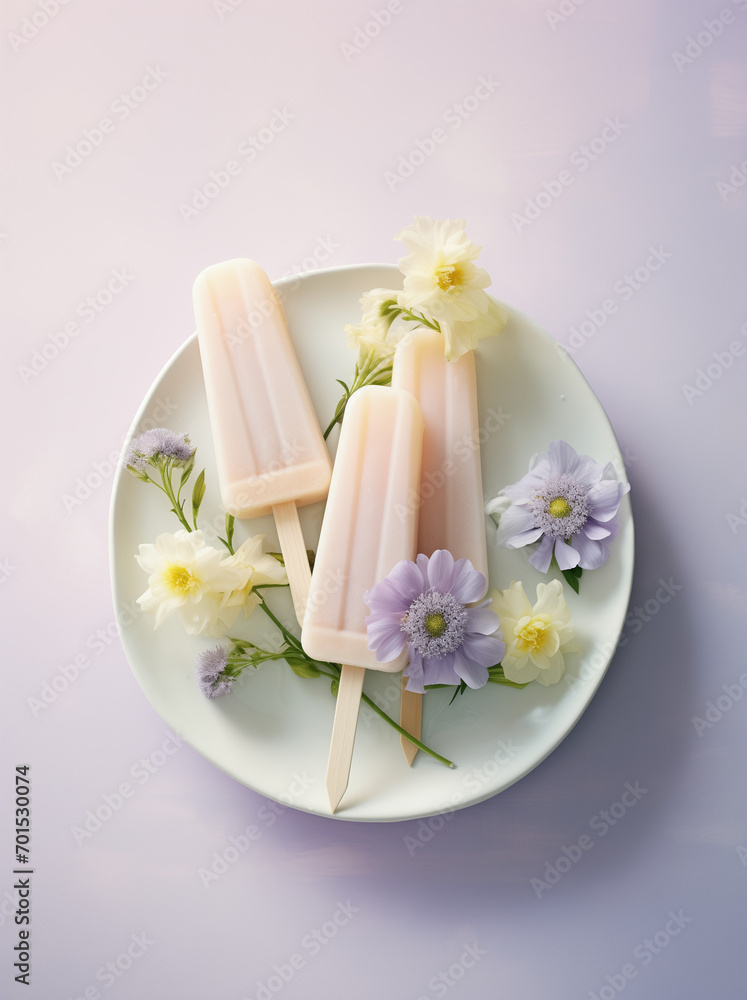 Ice cream bars with flowers on a plate.Minimal creative food concept.Top view,flat lay,copy space.Generative Ai Ice cream bars with flowers on a plate.Minimal creative food concept.Top view,flat lay,copy space.Generative Ai