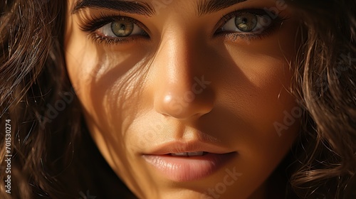 Extreme close up of detailed Beauty face skin woman beautiful eyes and lips tanned skin.