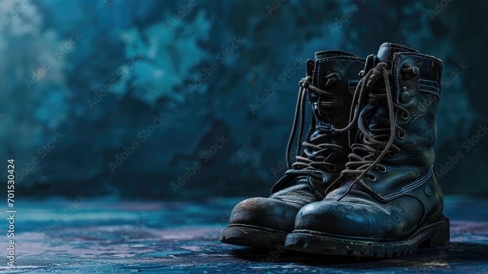 Worn combat boots on a textured blue surface
