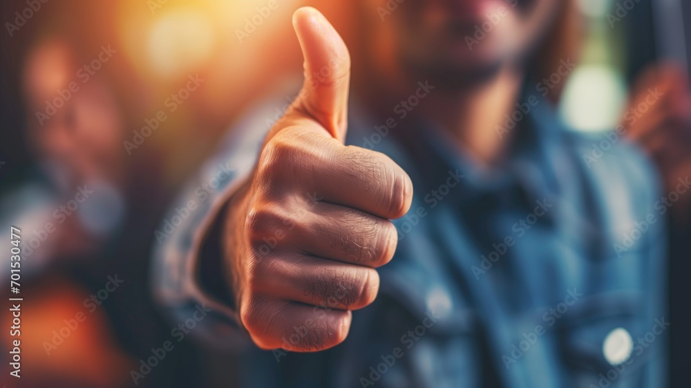 A person's hand giving a thumbs up in a blurry background - obrazy, fototapety, plakaty 
