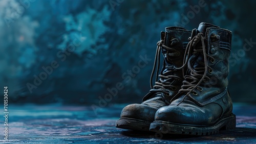 Worn combat boots on a textured blue surface