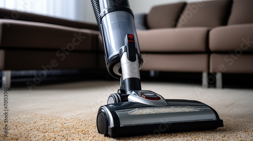 Close-up Vacuum cleaner on carpet indoors. Concept of housekeeping, housework, vacuuming the carpet. photo