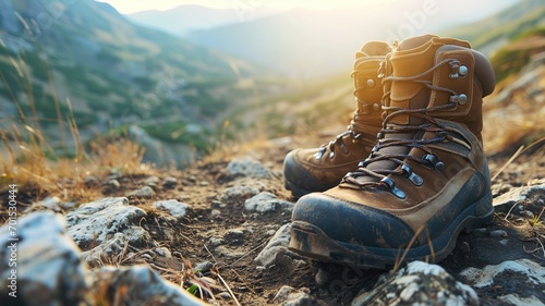 Hiking boots on a rocky trail at sunrise