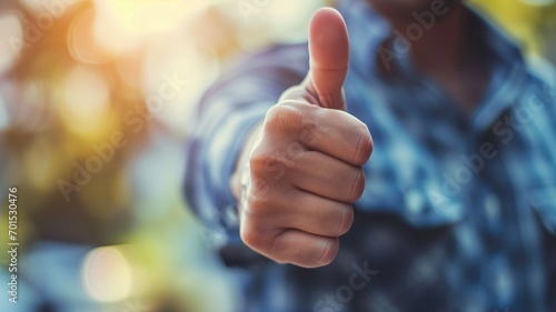 Close-up of a person giving a thumbs-up in sunlight