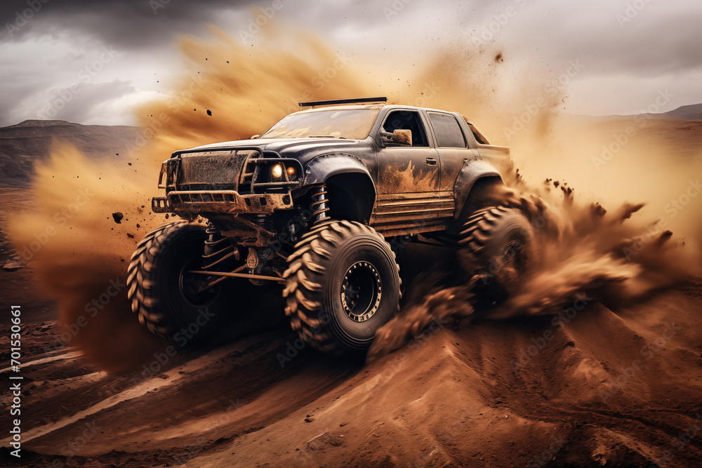 Monster truck driving outdoors amidst a cloud of dust. Thrill and adrenaline of an outdoor racing event on off-road terrain Monster truck driving outdoors amidst a cloud of dust. Thrill and adrenaline of an outdoor racing event on off-road terrain