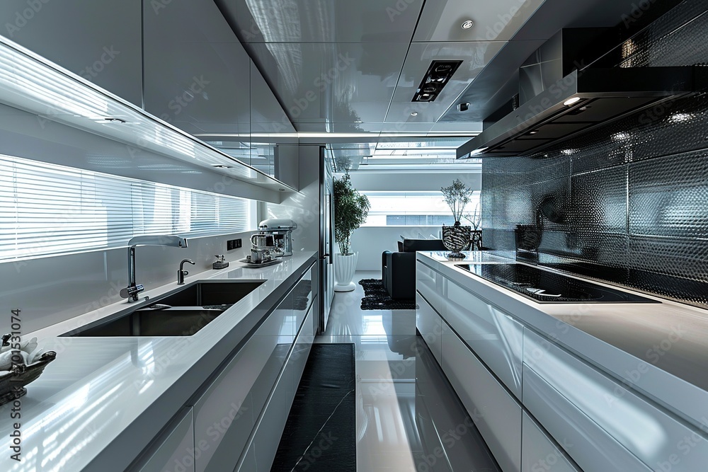 Sleek Futuristic Kitchen: Minimalist Design with Geometric Backsplash Sleek Futuristic Kitchen: Minimalist Design with Geometric Backsplash