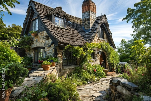 Enchanting Thatched-Roof Cottage: Rustic Charm and Tranquility in a Quaint Garden photo