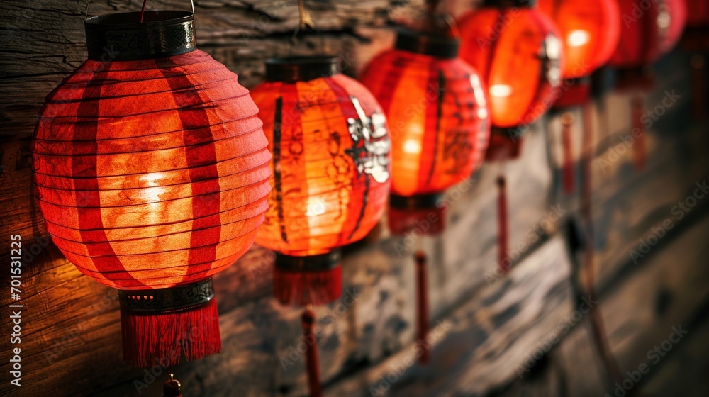 Naklejka premium Red color of Chinese lantern hang on ceiling and cream wood tabletop perspective for show promote product on display , celebration new year concept 